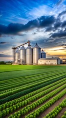 Modern agricultural facility with grain silos and lush green fields under a dramatic sky