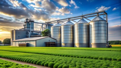 Modern agricultural facility with grain silos and lush green fields under a dramatic sky