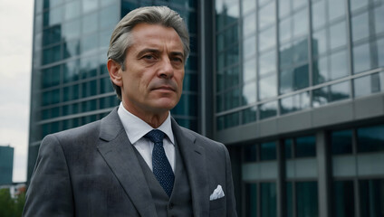 Fototapeta premium Confident CEO Portrait: A mature, successful businessman exudes confidence and authority in a sharp grey suit, standing before a modern glass skyscraper.