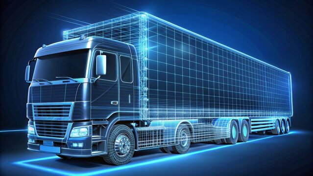 Digital wireframe of a truck glowing blue representing the concept of electric, autonomous vehicles
