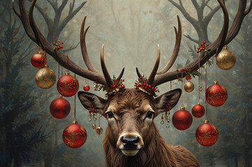 Weihnachtliches Motiv - Hirsch mit geschm&uuml;cktem Geweih
