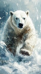 Fototapeta premium Oil painting style, a polar bear portrayed with rich, textured brushstrokes, capturing its powerful stance against a snowy backdrop.