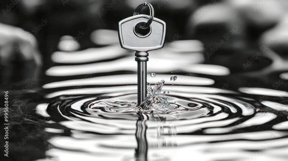 Poster key dropping into water with splash.