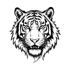 black and white sketch of a ferocious tiger's head on a white background for tattoo