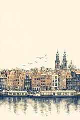 Fototapeta premium Amsterdam, Netherlands, color pen pencil hand-drawn effect drawing illustration for travel poster, card, wallpaper, backdrop or banner. Modern, clear, artistic and simple