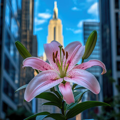  A pink lily flower in front of the Empire State Building, photorealistic. Created with Ai