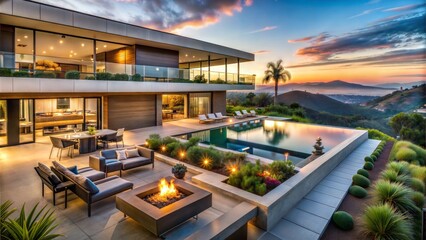 Obraz premium Modern luxury villa with pool and sunset view in serene mountain scenery