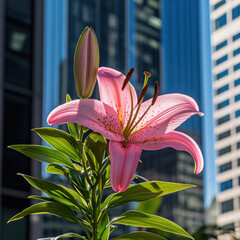 A pink lily flower in front of the empire state building. Created with Ai
