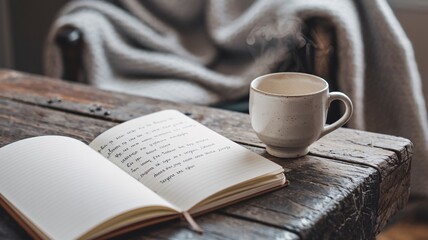 A serene setting featuring an open journal with handwritten notes, a steaming cup of coffee, and a soft blanket draped over a chair, all resting on a rustic wooden table.
