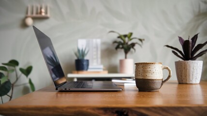 A stylish and sunlit workspace featuring a laptop, a glass of latte, and a cozy blanket. Perfect for a productive work session or a relaxing coffee break.