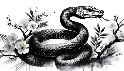 new year greeting card year snake black ink brush illustration