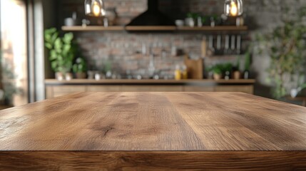 Empty wooden table in kitchen. This image is perfect for placing a product or mockups.