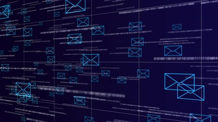 Email icons floating in the network with glowing binary code on the dark blue background. Digital technology concept with mail security theme. 3d animation of the cyber space. - Powered by Adobe