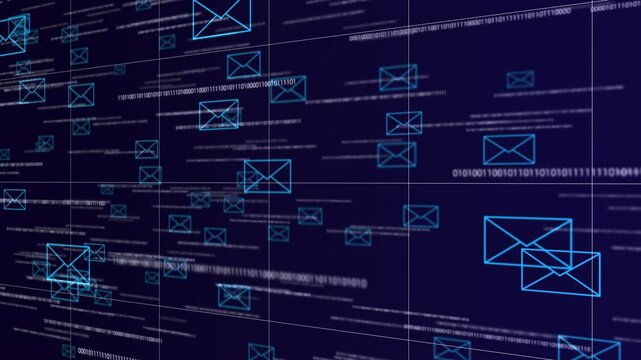 Email icons floating in the network with glowing binary code on the dark blue background. Digital technology concept with mail security theme. 3d animation of the cyber space.