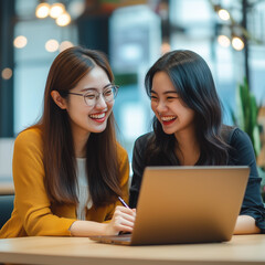 two students working on a laptop