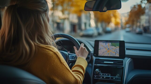 A person drives a car while using a GPS navigation system, surrounded by autumn foliage on a city street.