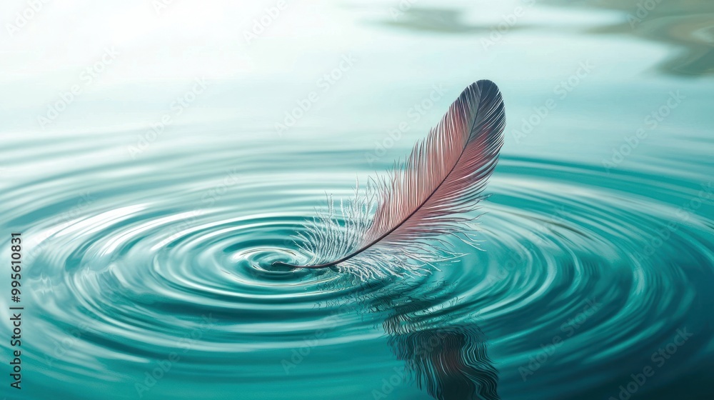 Aufkleber Feather Floating on Water with Ripples.