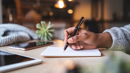 A person's hand holding a pen, writing in a notebook on a wooden table with a tablet, smartphone, and succulent plant in a cafe setting.