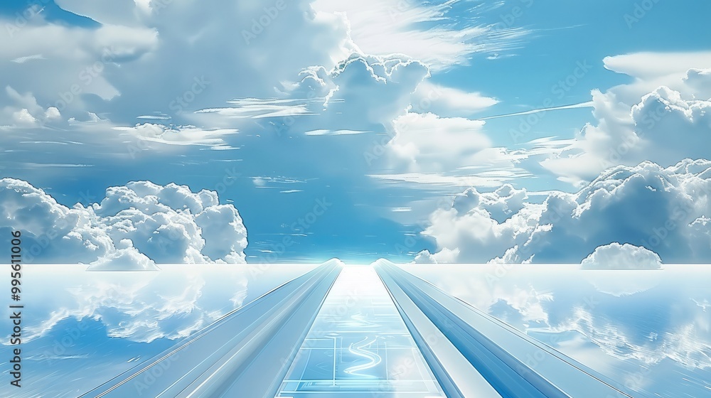 Poster a technology-style road floats on the water with clear technological lines and a transparent technol