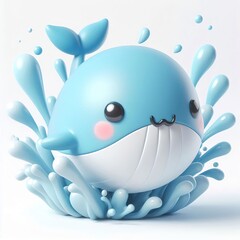 A 3D cute whale, water splashes, jumps out, white background