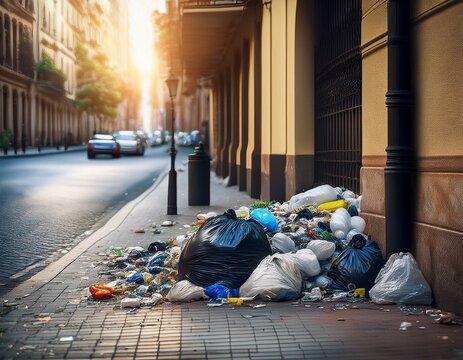 Bolsas de basura sobre la acera en una calle de ciudad
