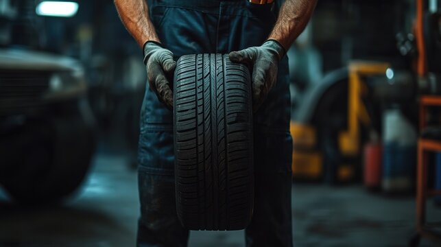 A mechanic holds a tire in a dimly lit garage, showcasing the rugged texture and detail of the tire amid tools and equipment.