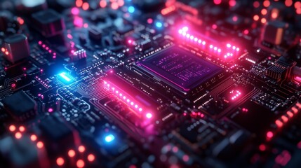 Close-up of Futuristic Circuit Board with Neon Lights Generative AI