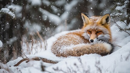A serene red fox curled up in the snow, surrounded by falling snowflakes and a tranquil forest backdrop.