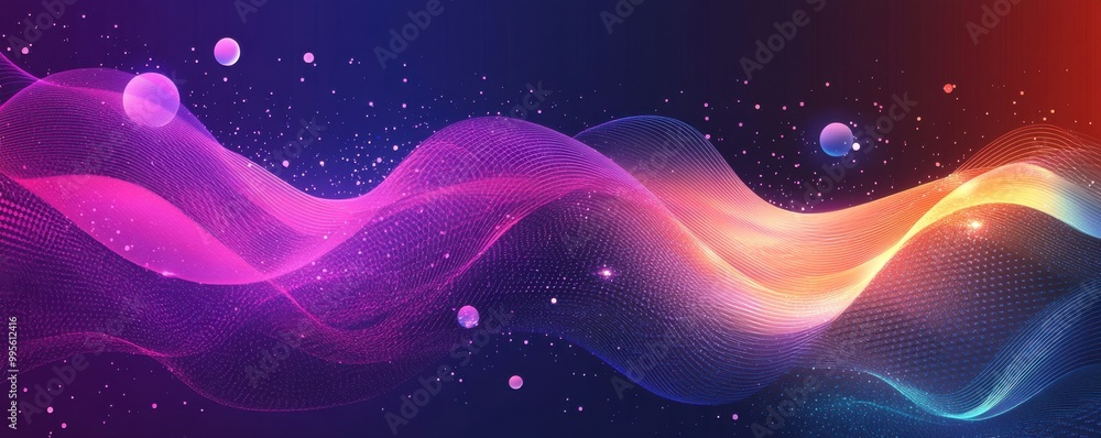 Poster abstract purple background with dynamic wavy lines and gradient curves creating a futuristic and cos