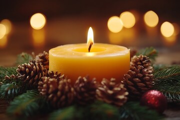 Lit yellow candle surrounded by pine branches and small holiday ornaments evoking a warm and festive Christmas ambiance