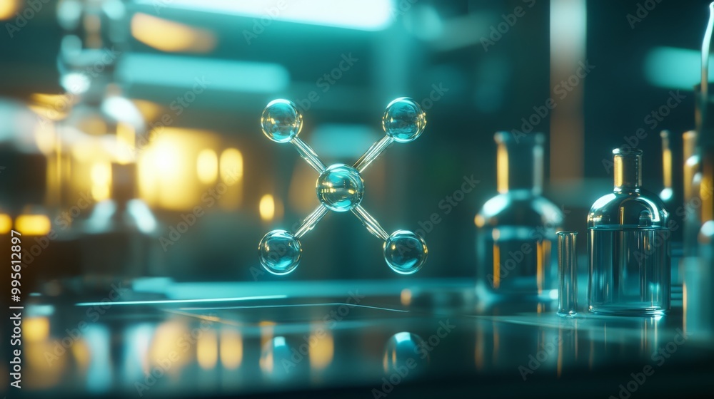 Poster a futuristic laboratory scene featuring floating molecular structures and various glassware, illumin