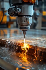 CNC machine cutting granite countertop with water spouting from the head in a workshop, industrial stone cutting process
