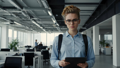 Fototapeta premium Focused Businesswoman in Modern Office: A young, serious businesswoman walks confidently through a modern, open-plan office, tablet in hand, radiating determination and professionalism.
