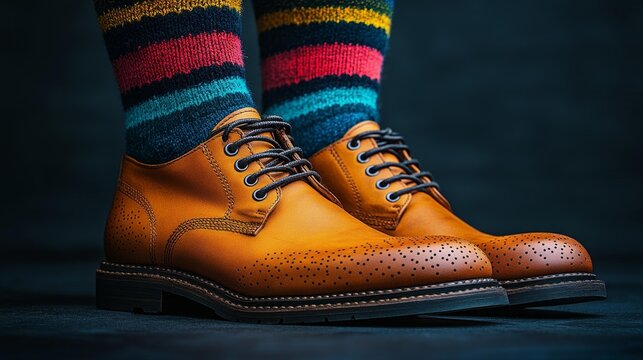 Close-up of stylish leather shoes with colorful socks Generative AI