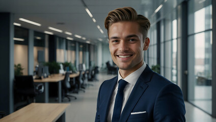 Confident and Successful: A handsome businessman with a winning smile, radiating confidence in a modern office setting. The perfect image for showcasing professionalism, ambition, and leadership. 