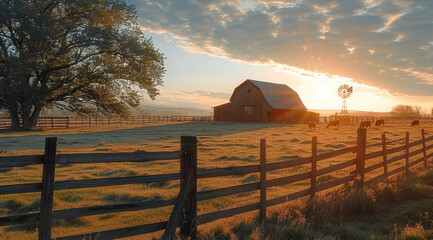 The fence line towards the barn as the sun peeks over the horizon, illuminating the grazing cows and the windmill.