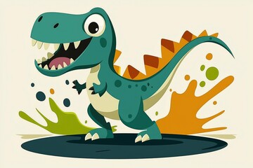 Happy Green Dinosaur with Splashes of Color