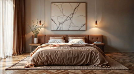 Modern cozy bedroom with marble decor. Generative AI