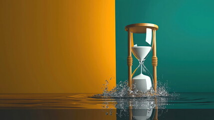 Hourglass in Water Splash on Green and Orange Background.