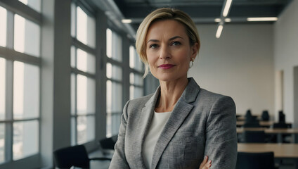 Confident Businesswoman: A powerful portrait of a confident businesswoman with a determined look, standing in a modern office setting with natural light streaming in through large windows.