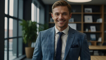 Fototapeta premium Confident Businessman Portrait: A charismatic businessman smiles warmly, exuding confidence and success in a modern office setting. His attire and posture project professionalism and ambition. 