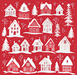 Fototapeta premium Christmas pattern with houses and trees on a red background