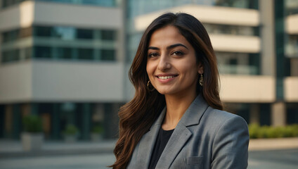 Fototapeta premium Confident Businesswoman Portrait: A young, successful businesswoman smiles confidently, exuding professionalism and ambition against a modern cityscape backdrop. 