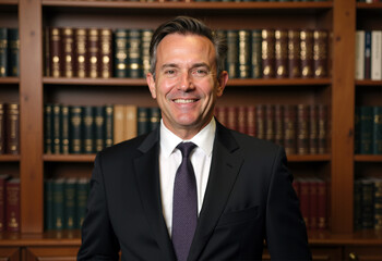 Fototapeta premium A well-groomed man wearing a dark suit and tie stands with a friendly smile in an elegant library lined with bookshelves, conveying a sense of professionalism and warmth - Generative AI