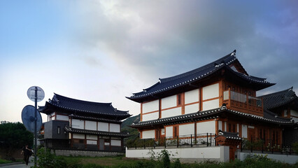 Fototapeta premium Morning Scenery of a Traditional Korean Village with Hanok Houses