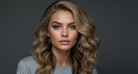 Fototapeta premium Golden Hour Beauty: A captivating portrait of a young woman with long, wavy blonde hair, showcasing her radiant beauty and confident gaze. 
