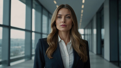 Confident Businesswoman: A powerful portrait of a confident businesswoman standing in a modern office hallway, radiating determination and success.  