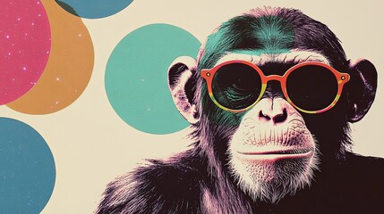 Party animal monkey or chimp popart collage style bold shapes and colors with animal wearing sunglasses