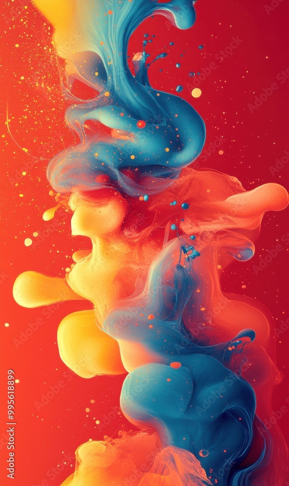 Poster colorful abstract shapes in vibrant red background with dynamic swirling patterns of blue and orange