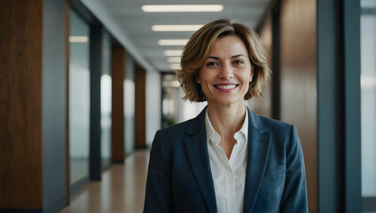 Confident and Ready: A professional woman in a blue blazer and white shirt walks down an office hallway with a confident smile, radiating success and leadership.  